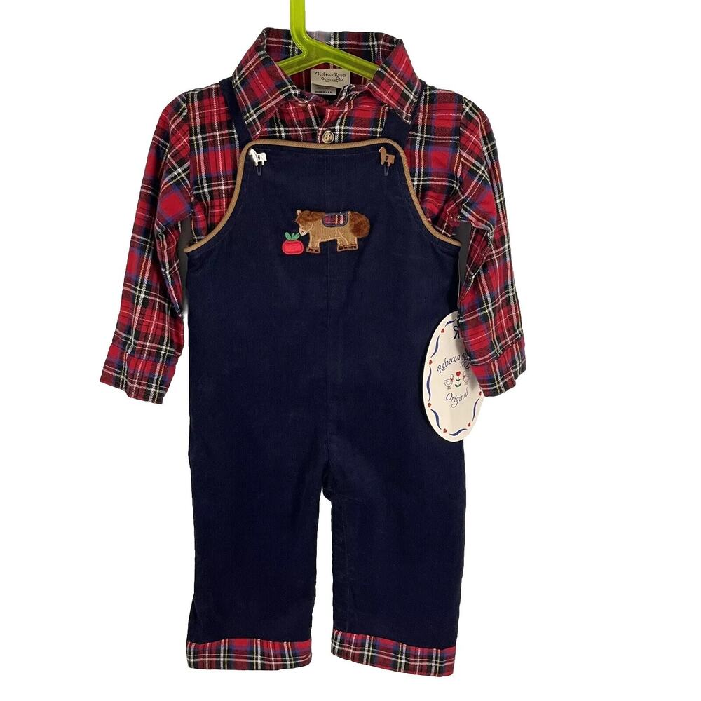 NWT Rebecca Raggs Baby 24 Months Christmas Plaid Shirt Corduroy Overalls Set